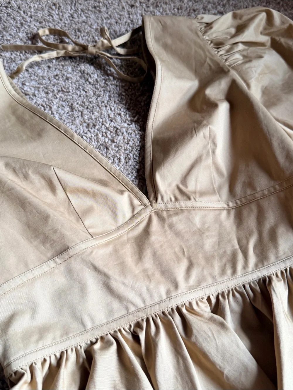 STAUD Beige Cotton Peplum Puff Sleeve Blouse